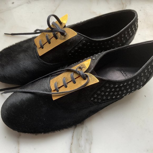 VALAS Hair On Black Laced Loafers with Gold metal Trim Lace Panel - Picture 4 of 6